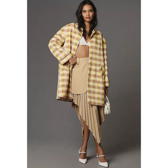 Anthropologie Maeve Swing Jacket Women Yellow Brown Plaid Cottagcore Sz L NWT